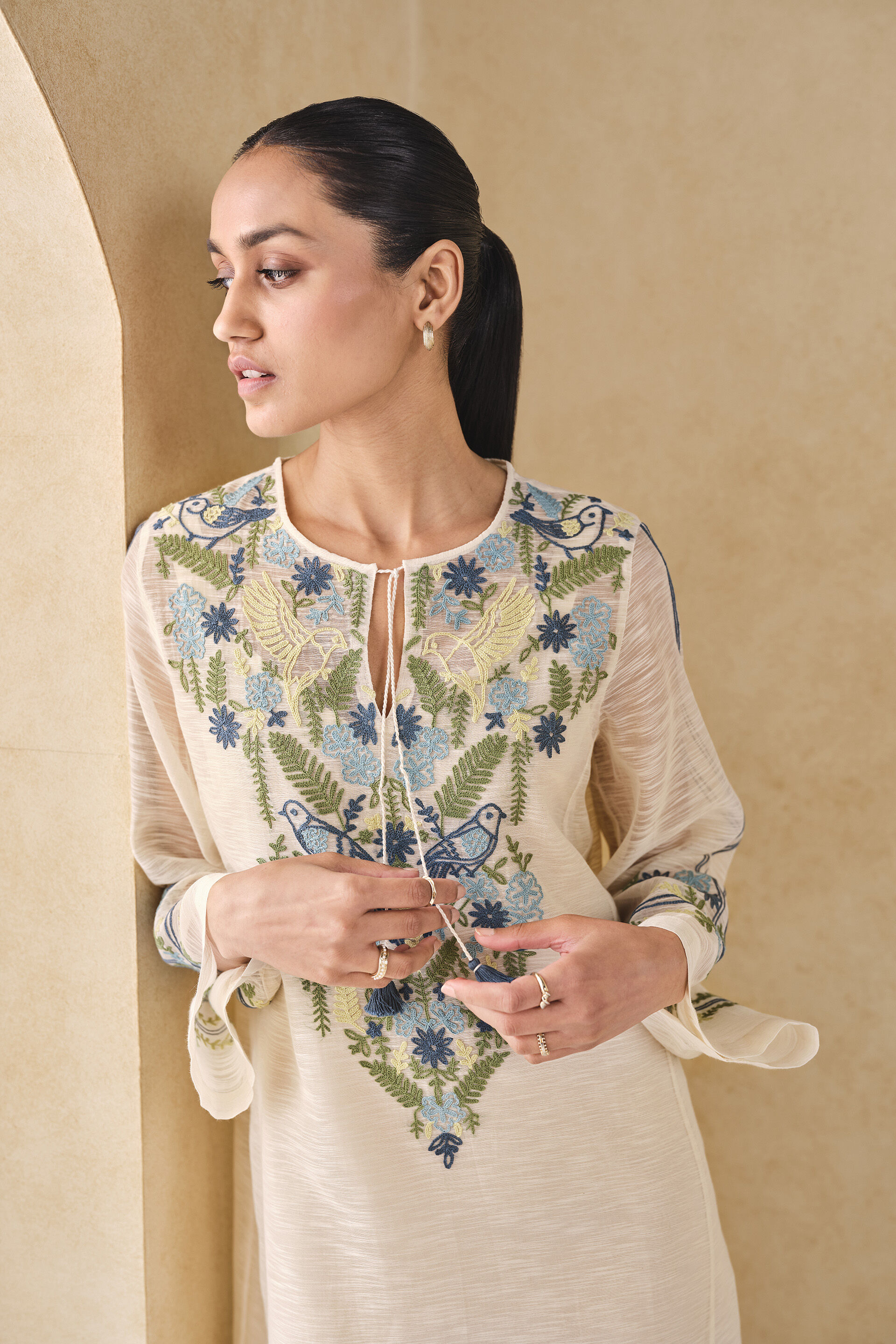 Ebonique Hand-embroidered SEWA Mul Kaftan - Ivory, Ivory, image 5